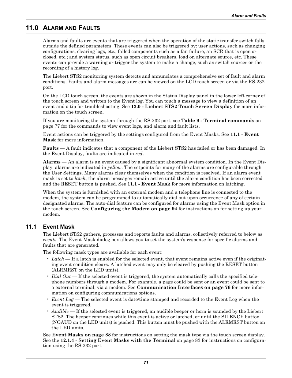 0 alarm and faults, 1 event mask, Larm | Aults, Event mask, 0 - alarm and faults, See 11.0, See 11.1 - event mask | Emerson Liebert Static Transfer Switch User Manual | Page 79 / 152