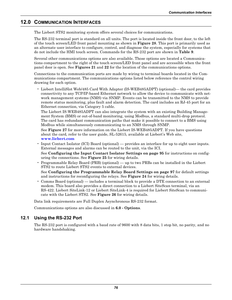 0 communication interfaces, 1 using the rs-232 port, Ommunication | Nterfaces, Using the rs-232 port, 0 - communication interfaces —discusses the com | Emerson Liebert Static Transfer Switch User Manual | Page 84 / 152