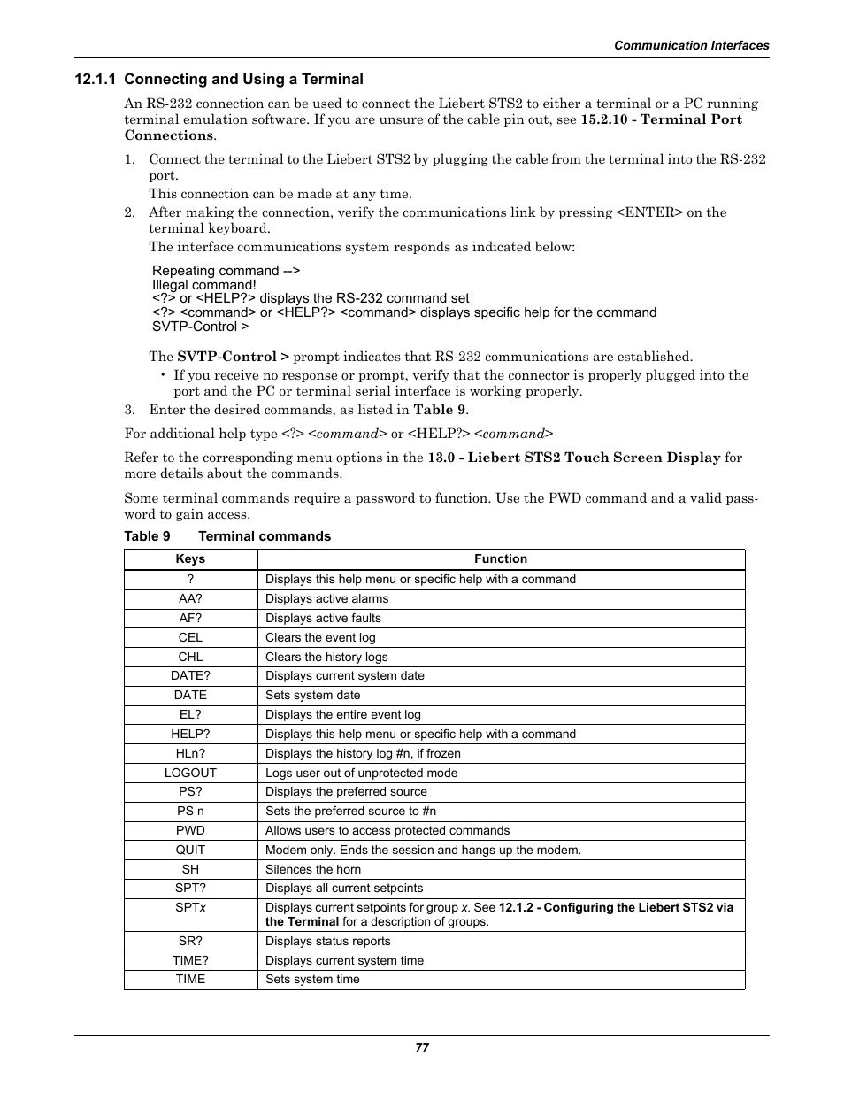 1 connecting and using a terminal, Table 9 terminal commands, Table 9 | Terminal commands, Table 9 - terminal commands on, See 12.1.1 - connecting and using a | Emerson Liebert Static Transfer Switch User Manual | Page 85 / 152