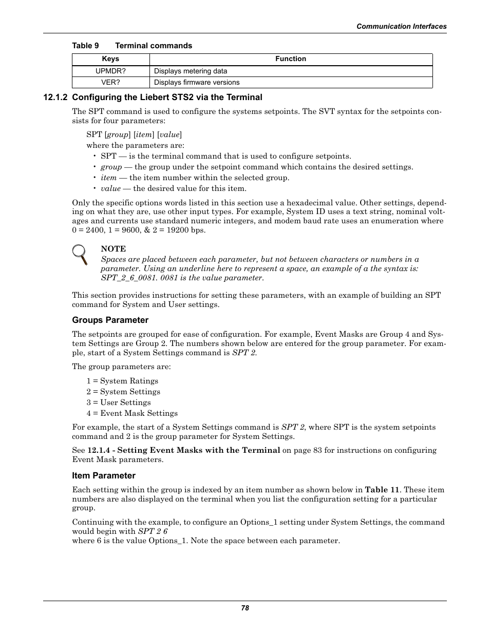 2 configuring the liebert sts2 via the terminal, Groups parameter, Item parameter | 2 - configuring the liebert sts2 via, The terminal fo | Emerson Liebert Static Transfer Switch User Manual | Page 86 / 152