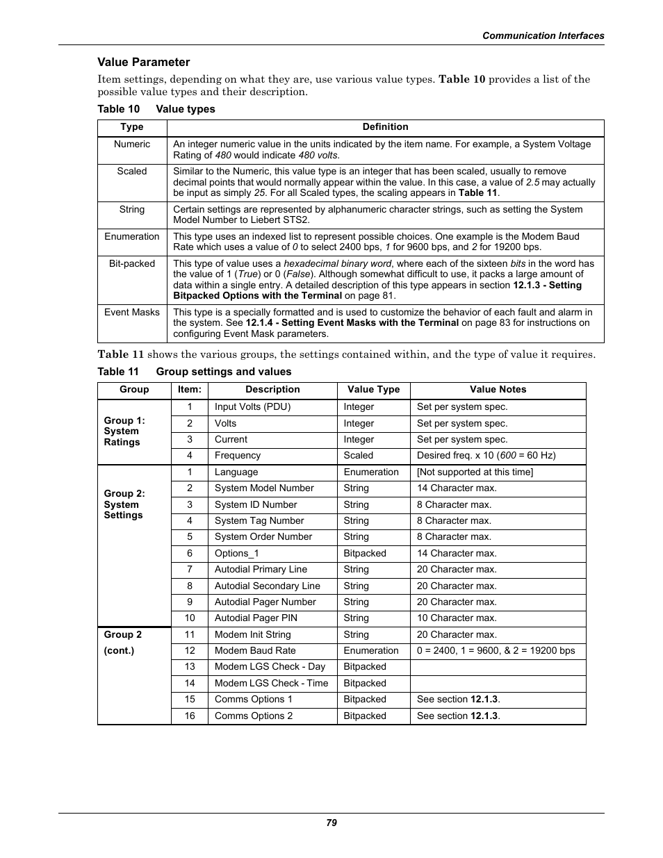 Value parameter, Table 10 value types, Table 11 group settings and values | Table 10, Value types, Table 11, Group settings and values | Emerson Liebert Static Transfer Switch User Manual | Page 87 / 152