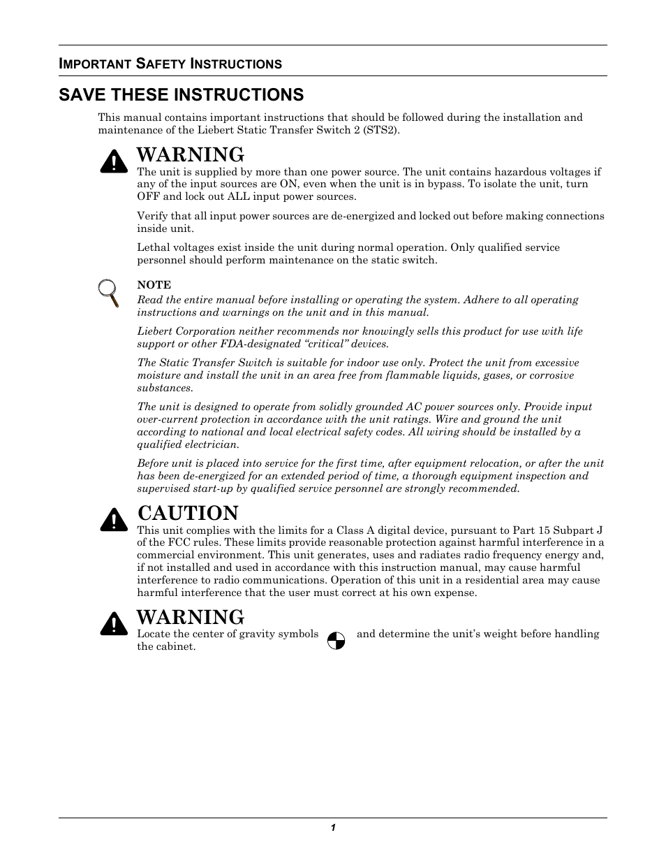 Important safety instructions, Mportant, Afety | Nstructions, Warning, Caution, Save these instructions | Emerson Liebert Static Transfer Switch User Manual | Page 9 / 152