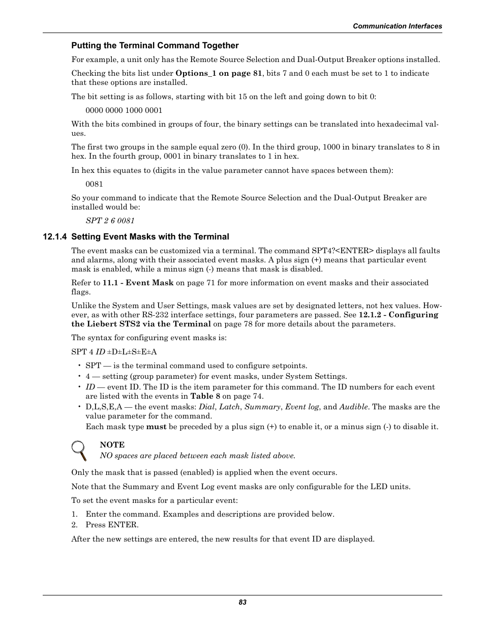 Putting the terminal command together, 4 setting event masks with the terminal, Setting event masks with | Section 12.1.4 | Emerson Liebert Static Transfer Switch User Manual | Page 91 / 152