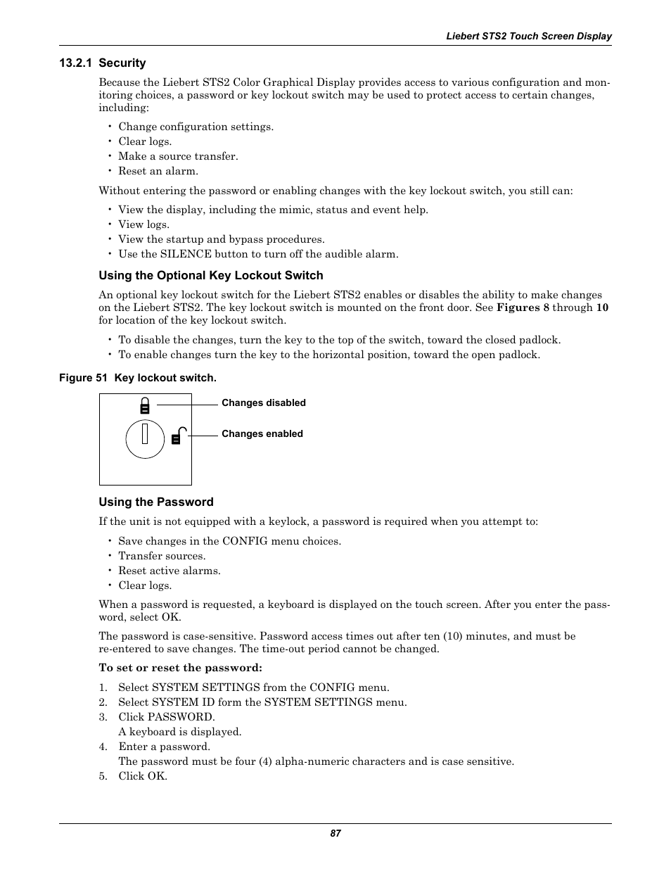 1 security, Using the optional key lockout switch, Figure 51 key lockout switch | Using the password | Emerson Liebert Static Transfer Switch User Manual | Page 95 / 152