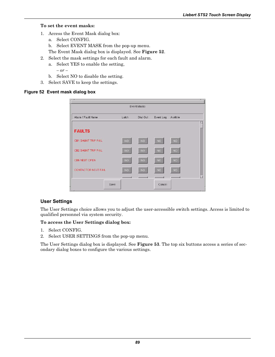 Figure 52 event mask dialog box, User settings, User | Emerson Liebert Static Transfer Switch User Manual | Page 97 / 152