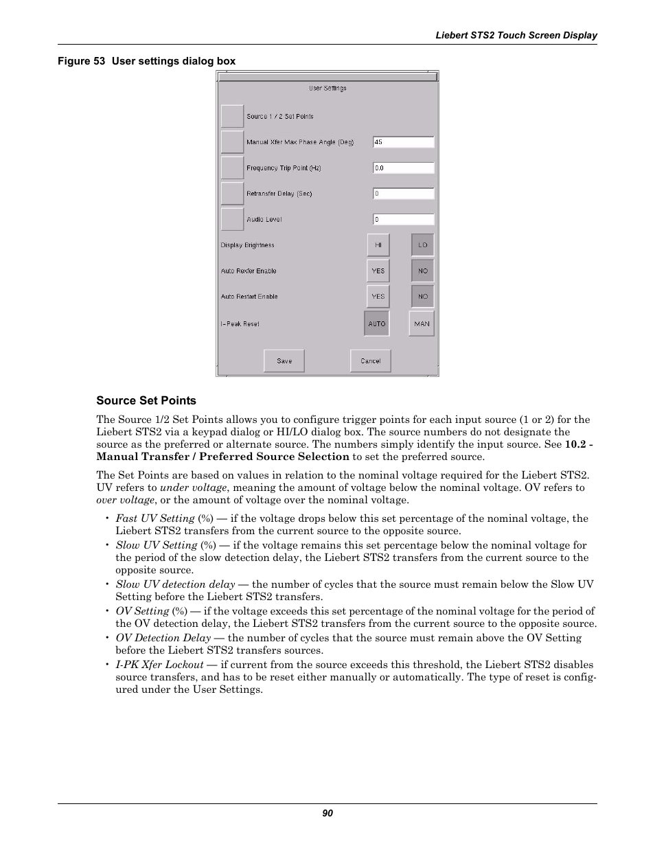Figure 53 user settings dialog box, Source set points | Emerson Liebert Static Transfer Switch User Manual | Page 98 / 152