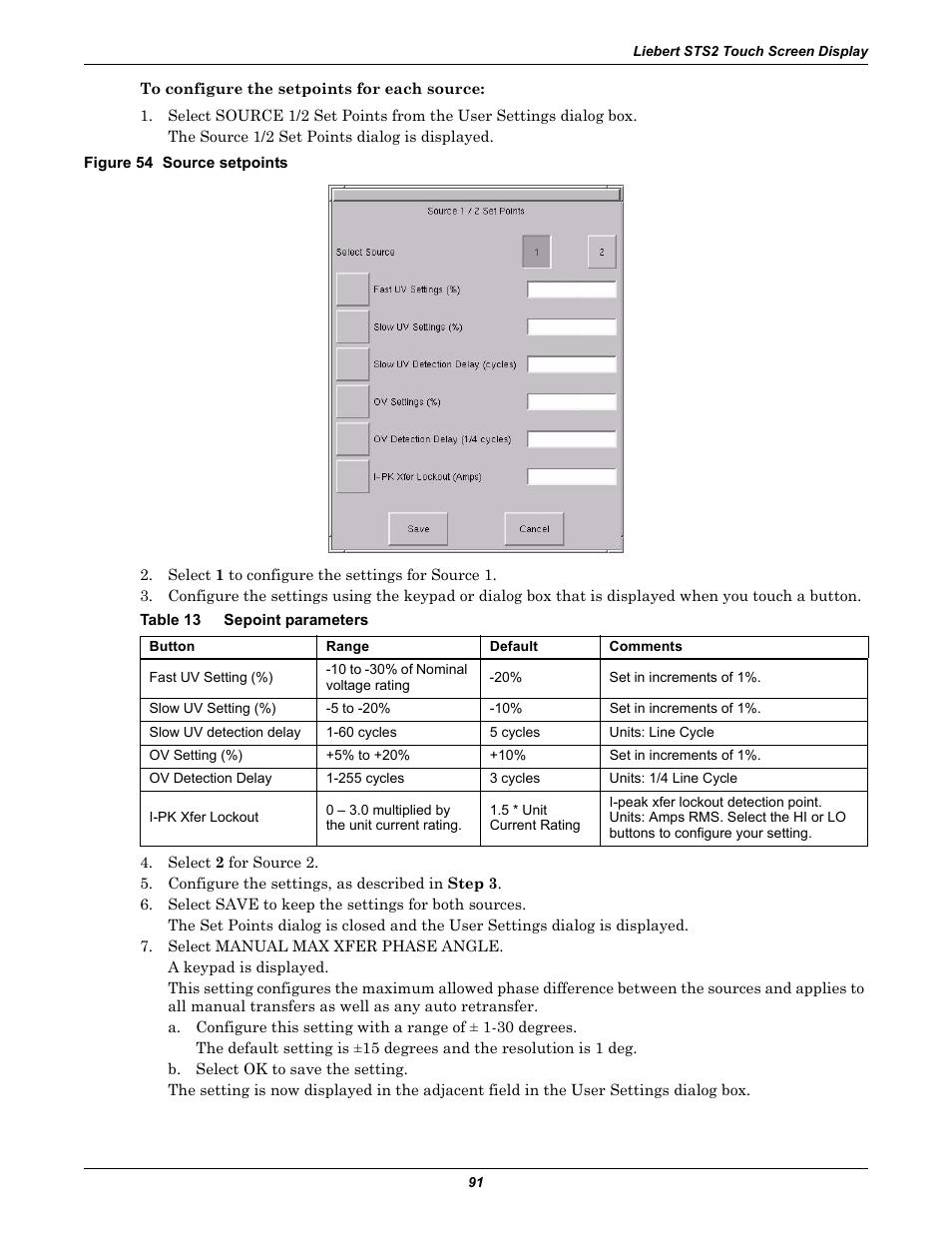 Figure 54 source setpoints, Table 13 sepoint parameters, Table 13 | Sepoint parameters | Emerson Liebert Static Transfer Switch User Manual | Page 99 / 152