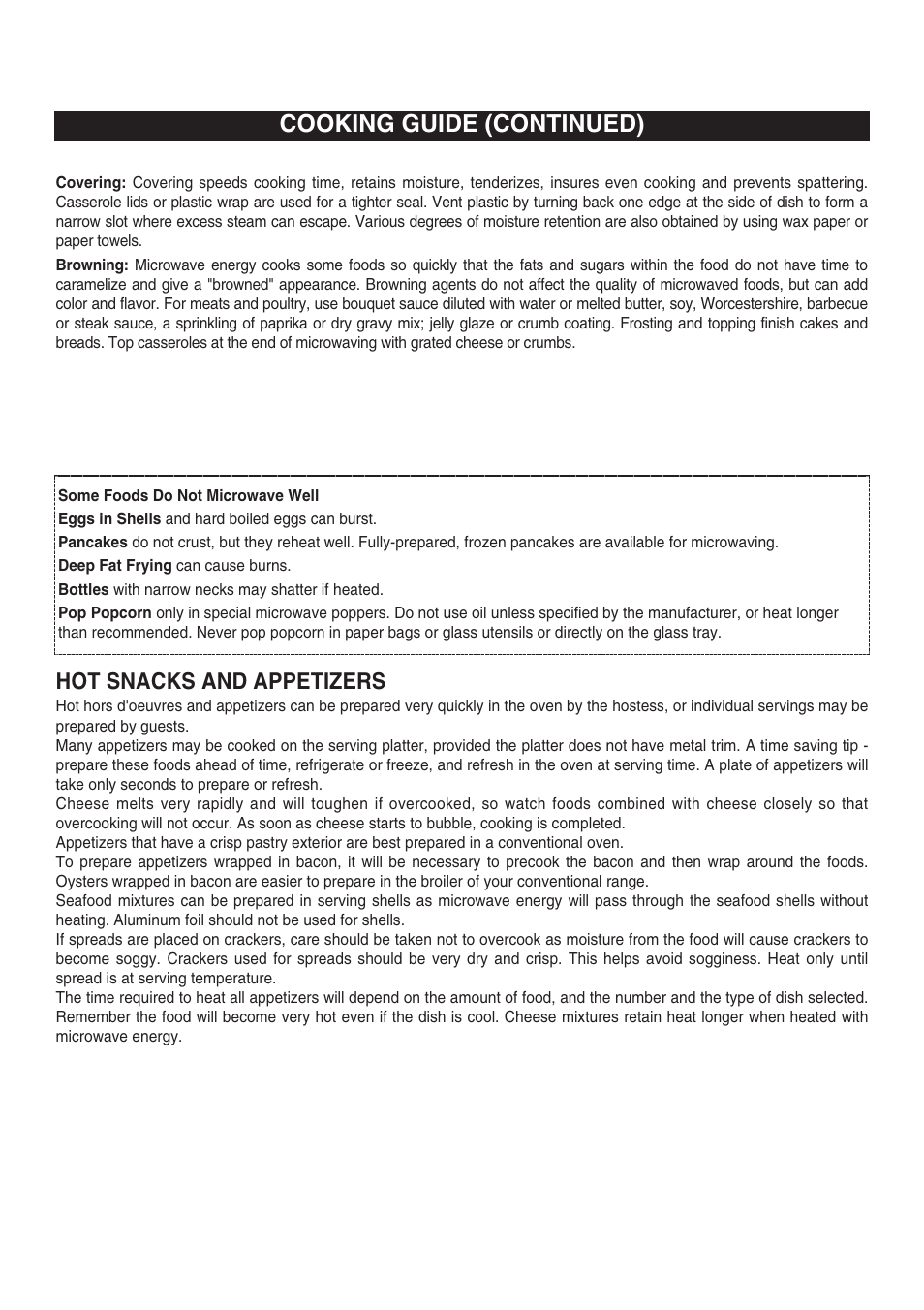 Cooking guide (continued), Hot snacks and appetizers | Emerson Radio MW8997W User Manual | Page 19 / 30