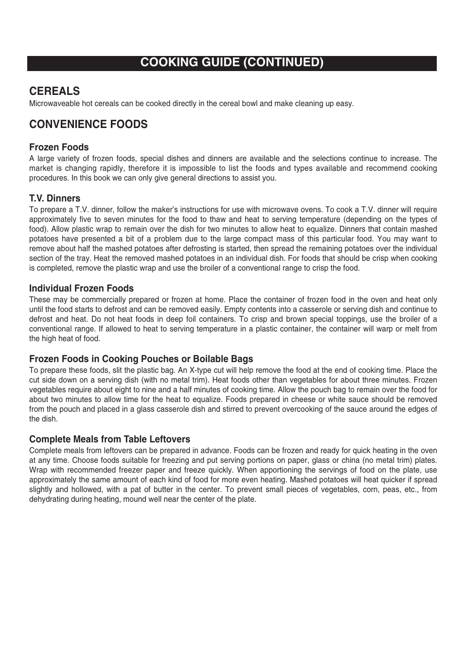 Cooking guide (continued), Cereals, Convenience foods | Emerson Radio MW8997W User Manual | Page 26 / 30