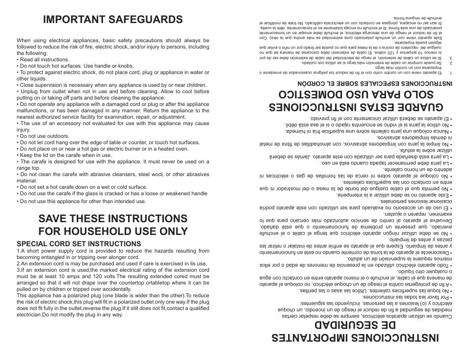 Important safeguards, Save these instructions for household use only, Instrucciones importantes de seguridad | Guarde estas instrucciones solo para uso domestico, Special cord set instructions | Emerson EM83681 User Manual | Page 2 / 4