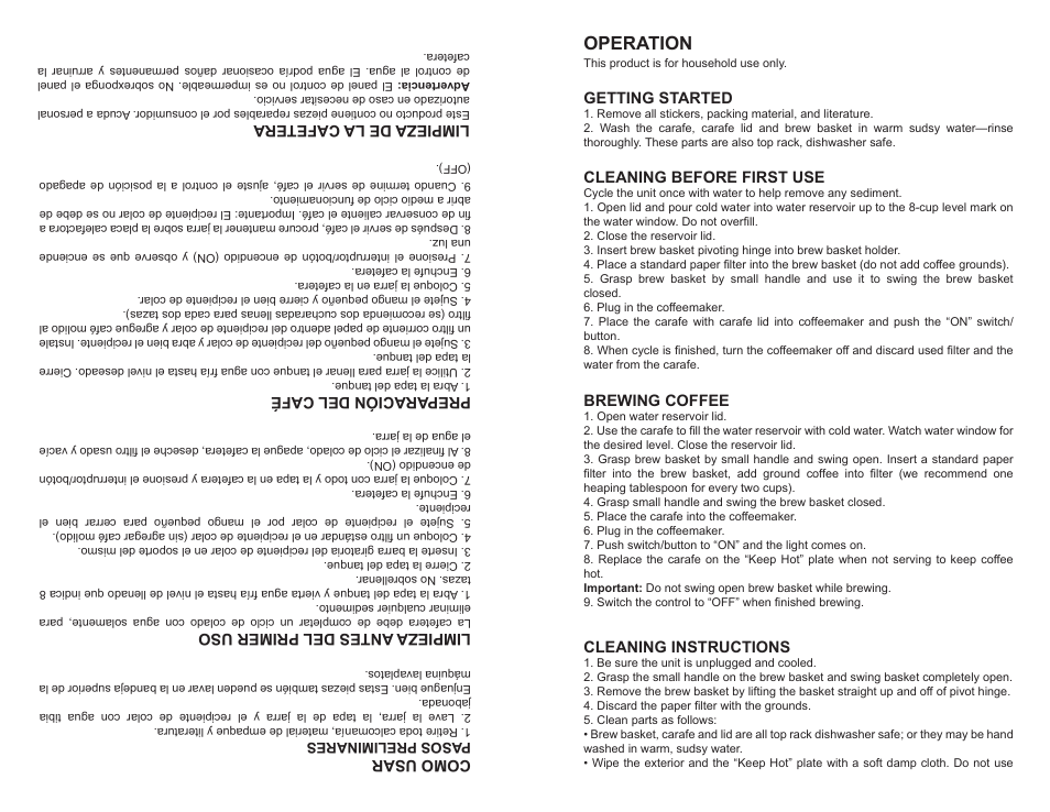 Operation, Getting started, Cleaning before first use | Brewing coffee, Cleaning instructions, Como usar, Limpieza antes del primer uso, Preparación del café, Limpieza de la cafetera | Emerson EM83681 User Manual | Page 3 / 4