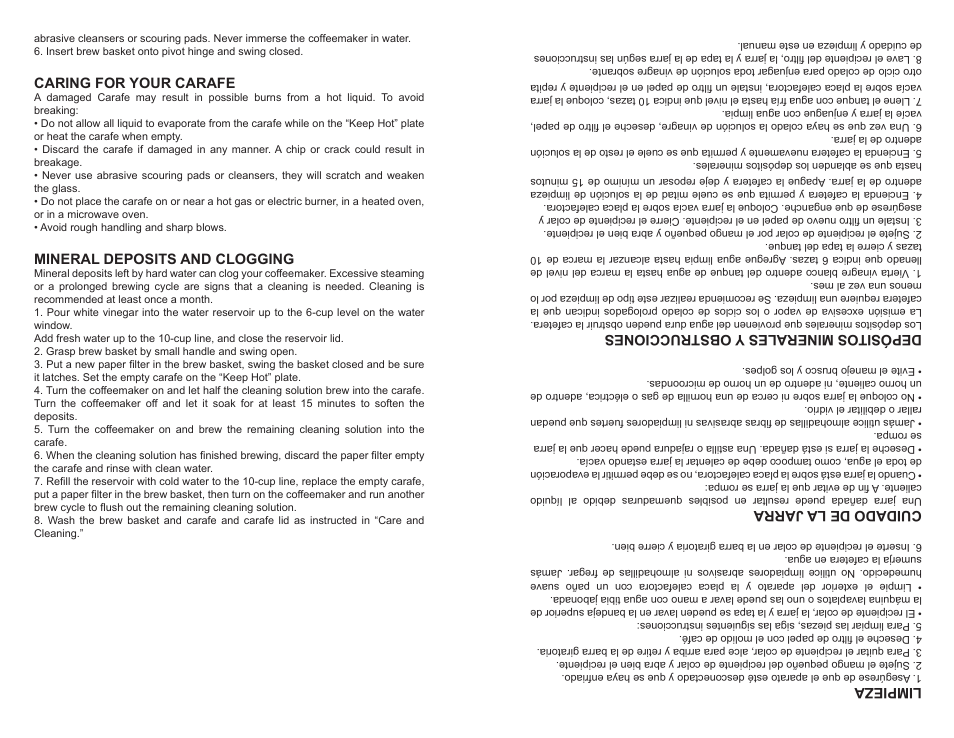 Caring for your carafe, Mineral deposits and clogging, Limpieza | Cuidado de la jarra, Depósitos minerales y obstrucciones | Emerson EM83681 User Manual | Page 4 / 4