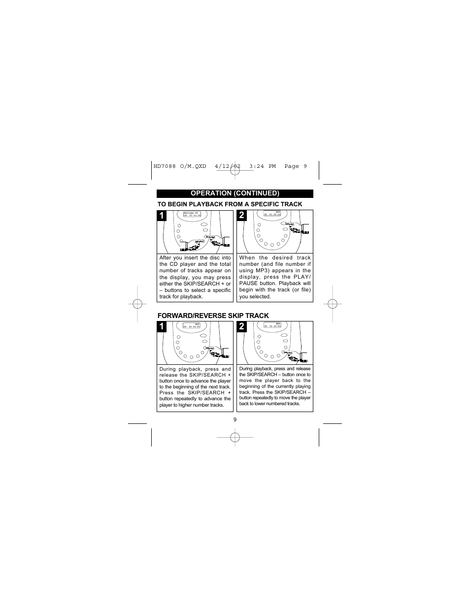Operation (continued), Forward/reverse skip track | Emerson Radio HD7088 User Manual | Page 10 / 26