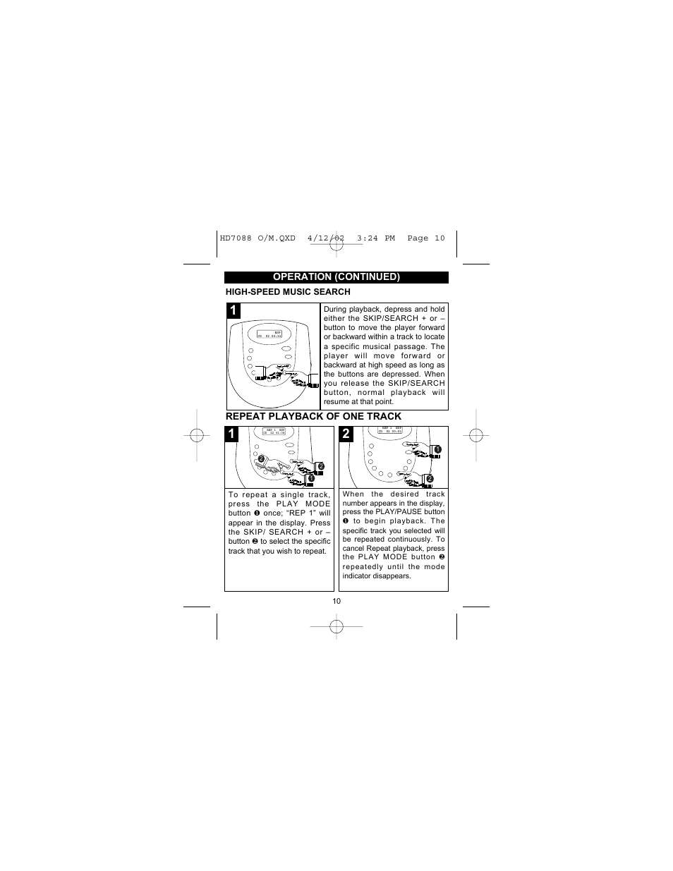 Operation (continued), Repeat playback of one track | Emerson Radio HD7088 User Manual | Page 11 / 26