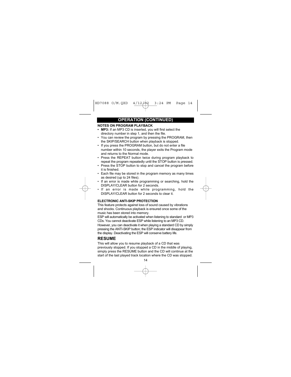 Operation (continued), Resume | Emerson Radio HD7088 User Manual | Page 15 / 26