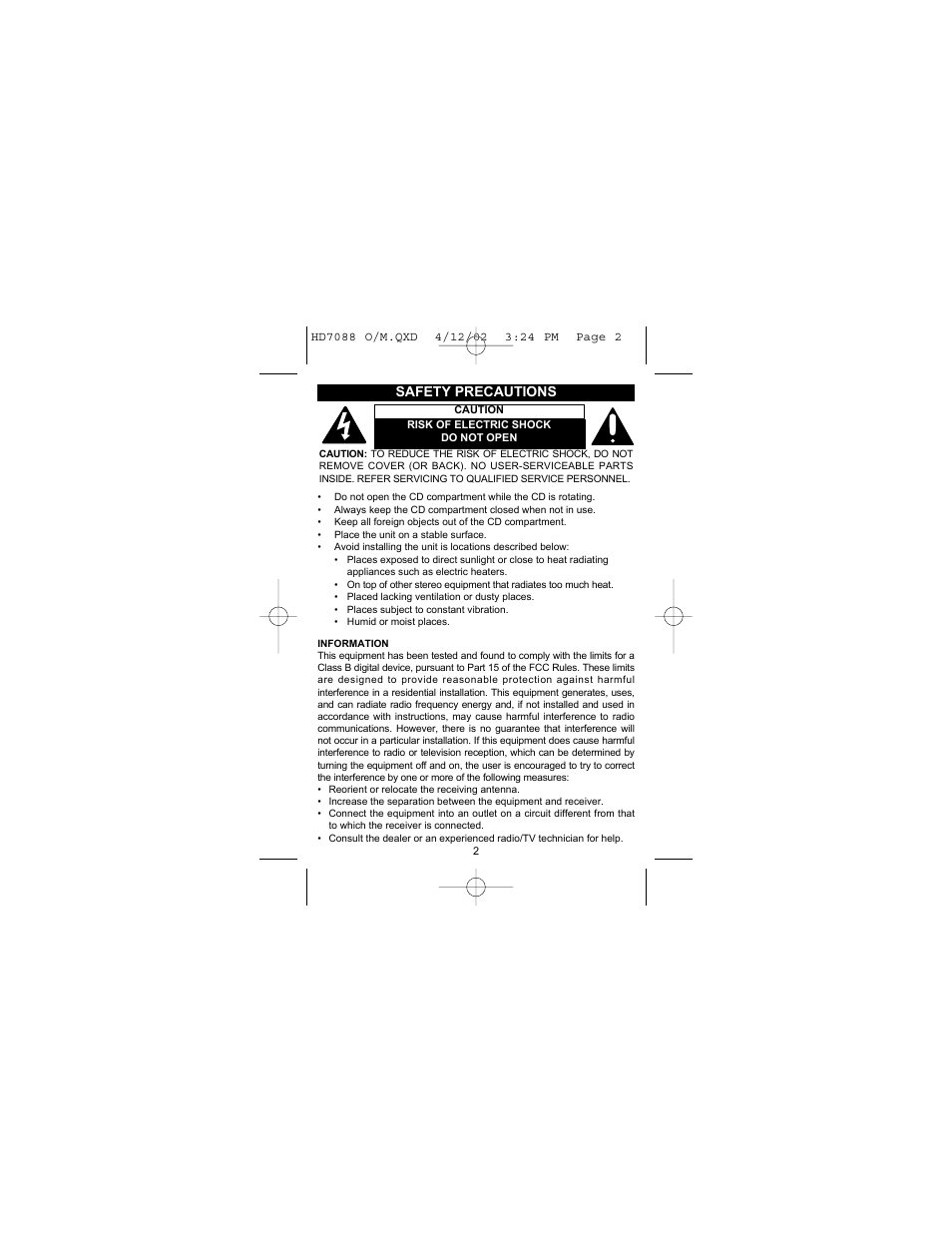 Safety precautions | Emerson Radio HD7088 User Manual | Page 3 / 26