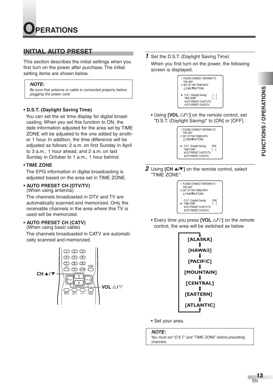 Perations, Initial auto preset, Functions / opera tions | Emerson EWFG2705 User Manual | Page 13 / 76