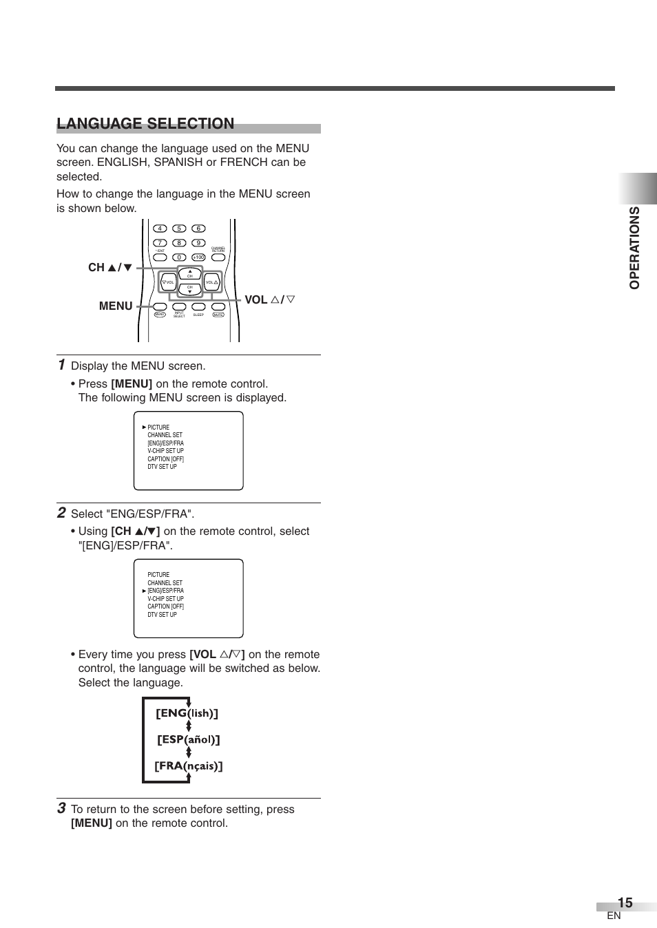 Language selection, Opera tions, Menu ch k / l vol x / y | Emerson EWFG2705 User Manual | Page 15 / 76