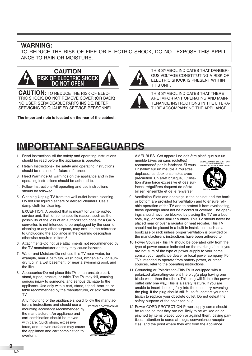 Important safeguards, Caution, Caution risk of electric shock do not open | Warning | Emerson EWFG2705 User Manual | Page 2 / 76