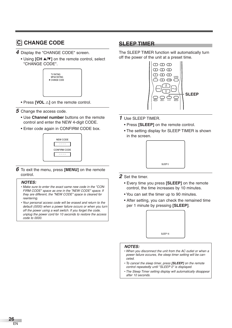 C change code sleep timer, Sleep | Emerson EWFG2705 User Manual | Page 26 / 76