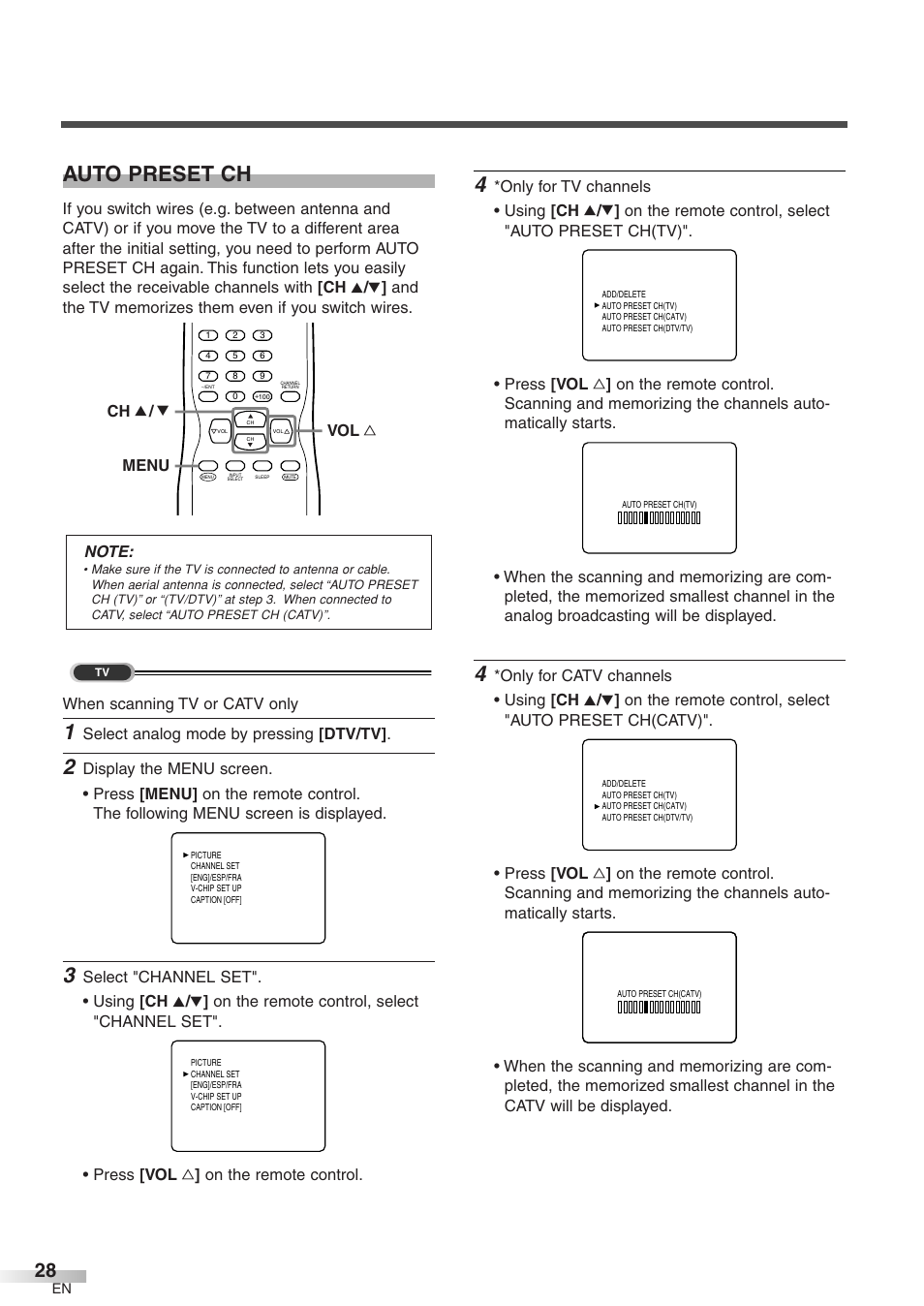 Auto preset ch, Select analog mode by pressing [dtv/tv, Vol x menu ch k / l | Emerson EWFG2705 User Manual | Page 28 / 76