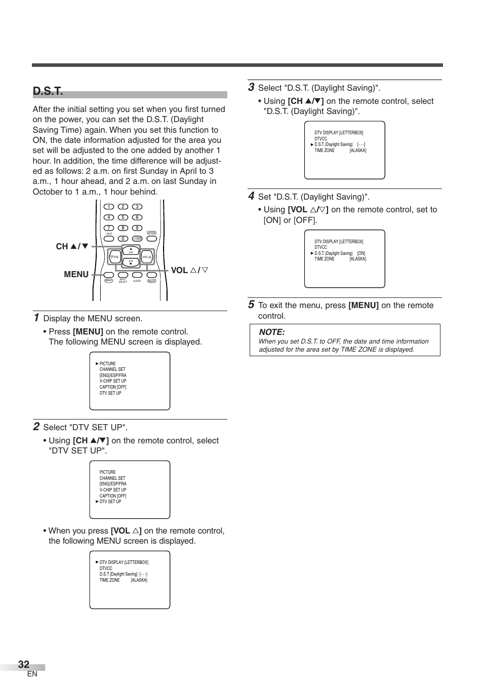 D.s.t, Menu ch k / l vol x / y | Emerson EWFG2705 User Manual | Page 32 / 76