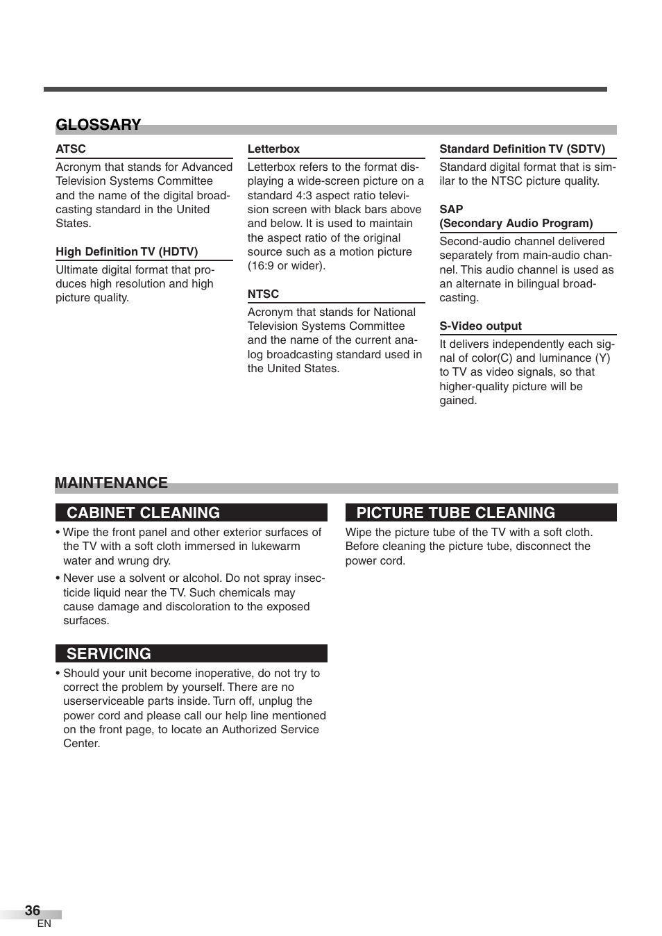 Cabinet cleaning, Servicing, Picture tube cleaning | Maintenance glossary | Emerson EWFG2705 User Manual | Page 36 / 76
