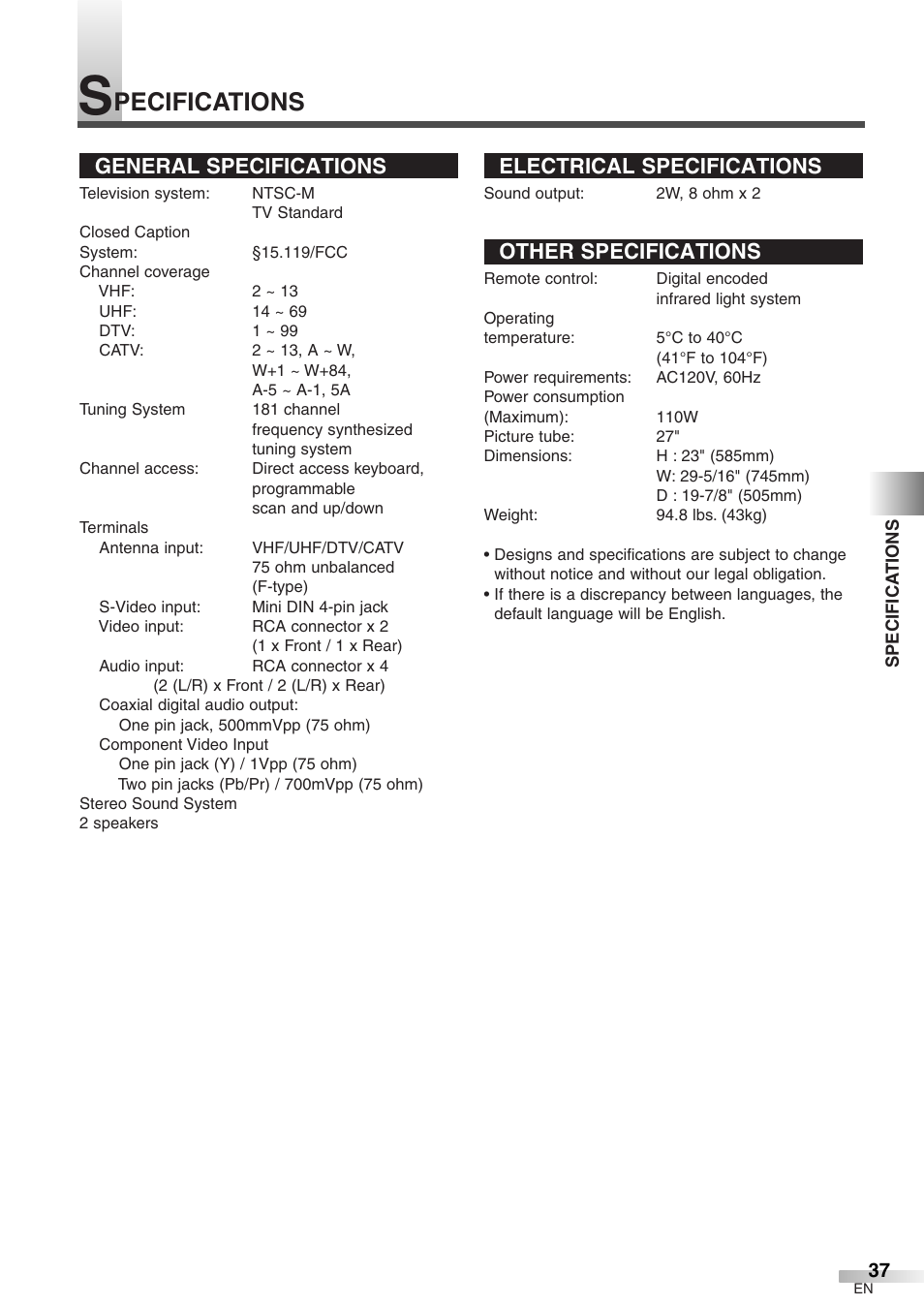 Pecifications, General specifications, Electrical specifications | Other specifications | Emerson EWFG2705 User Manual | Page 37 / 76