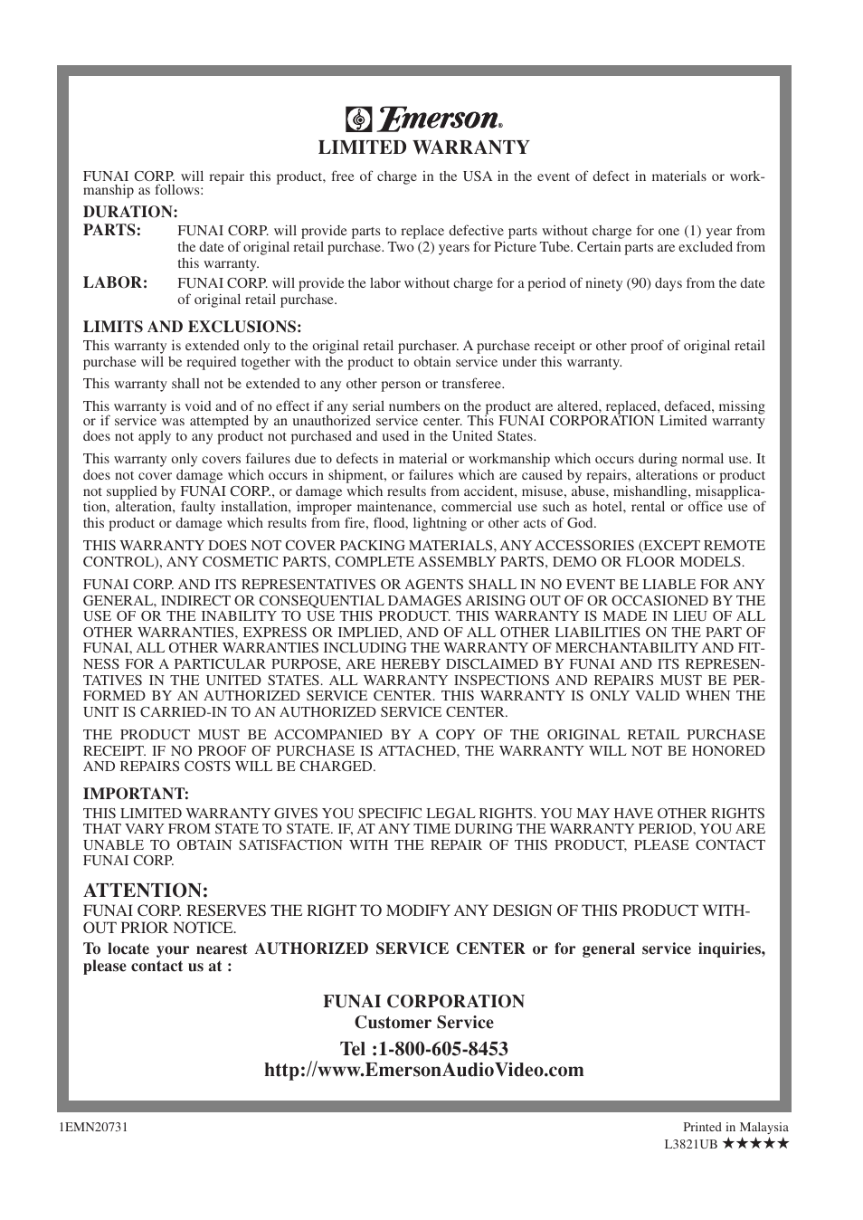 Limited warranty, Attention | Emerson EWFG2705 User Manual | Page 38 / 76