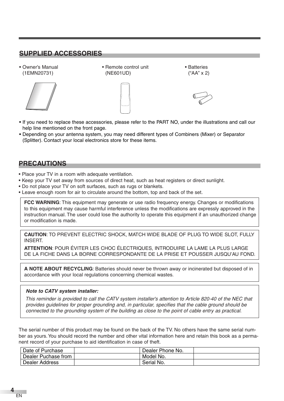 Precautions, Supplied accessories | Emerson EWFG2705 User Manual | Page 4 / 76