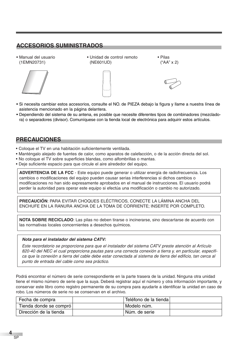 Precauciones, Accesorios suministrados | Emerson EWFG2705 User Manual | Page 42 / 76