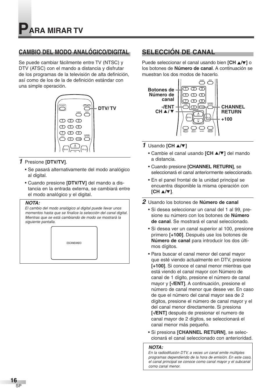 Ara mirar tv, Cambio del modo analógico/digital, Selección de canal | Dtv/ tv | Emerson EWFG2705 User Manual | Page 54 / 76
