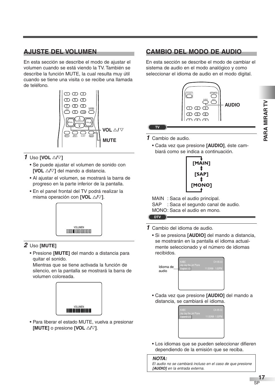 Ajuste del volumen, Cambio del modo de audio, Para mirar tv | Mute vol x / y, Audio | Emerson EWFG2705 User Manual | Page 55 / 76
