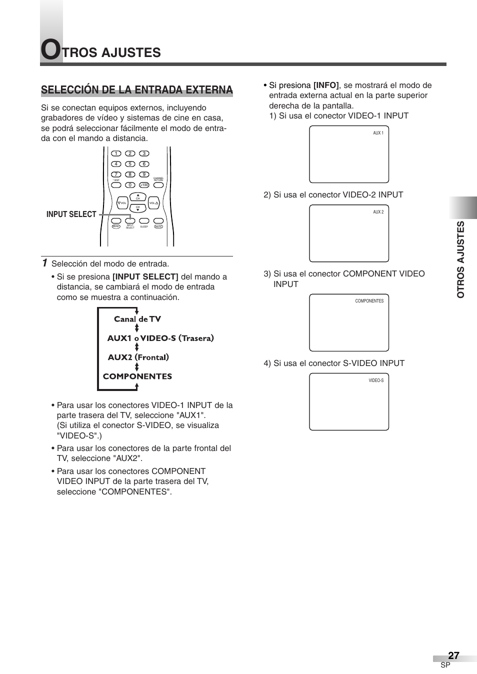 Tros ajustes, Selección de la entrada externa, Ot r os ajustes | Emerson EWFG2705 User Manual | Page 65 / 76