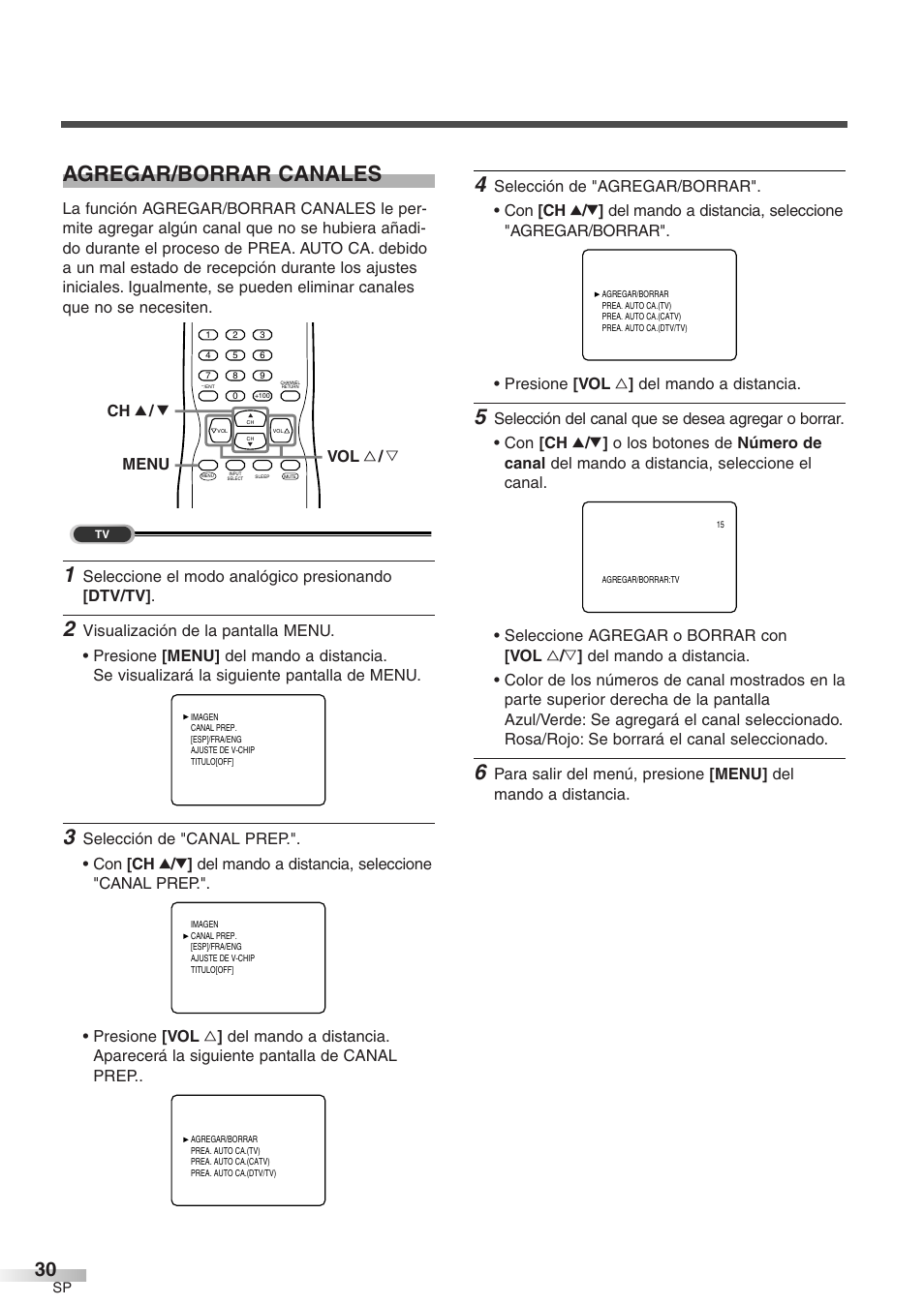 Agregar/borrar canales, Seleccione el modo analógico presionando [dtv/tv, Menu ch k / l vol x / y | Emerson EWFG2705 User Manual | Page 68 / 76