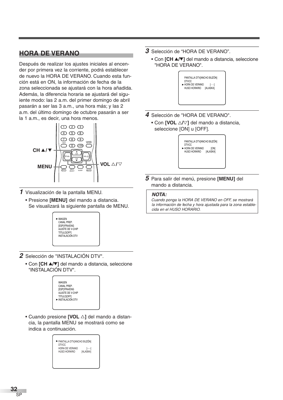 Hora de verano, Menu ch k / l vol x / y | Emerson EWFG2705 User Manual | Page 70 / 76
