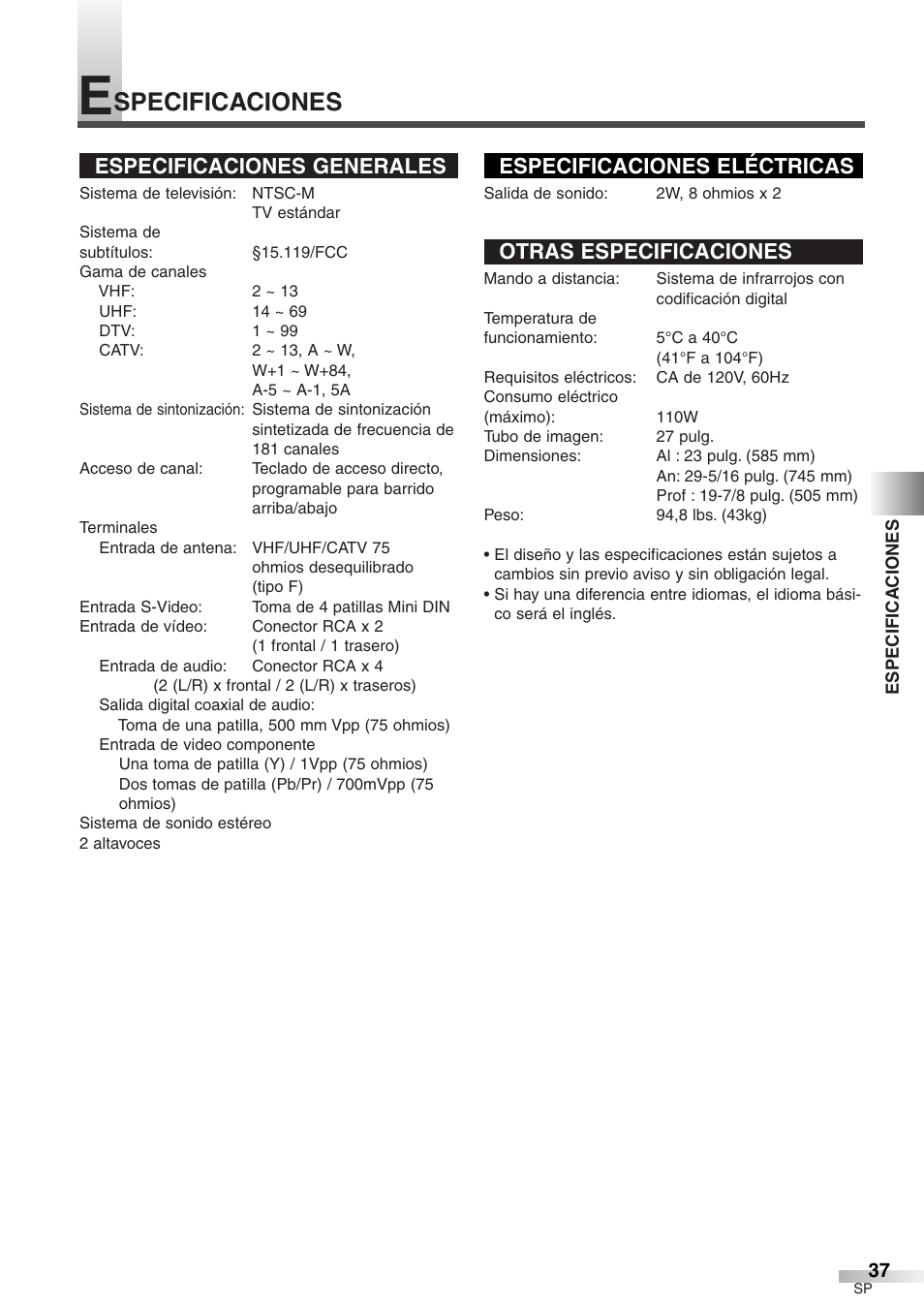 Specificaciones, Especificaciones generales, Otras especificaciones | Emerson EWFG2705 User Manual | Page 75 / 76