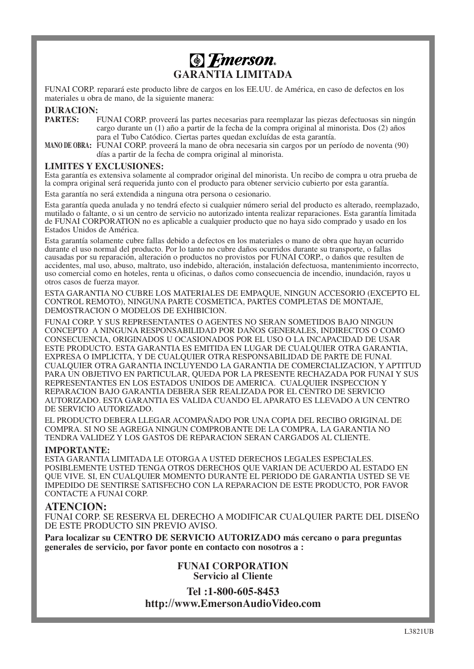 Garantia limitada, Atencion | Emerson EWFG2705 User Manual | Page 76 / 76