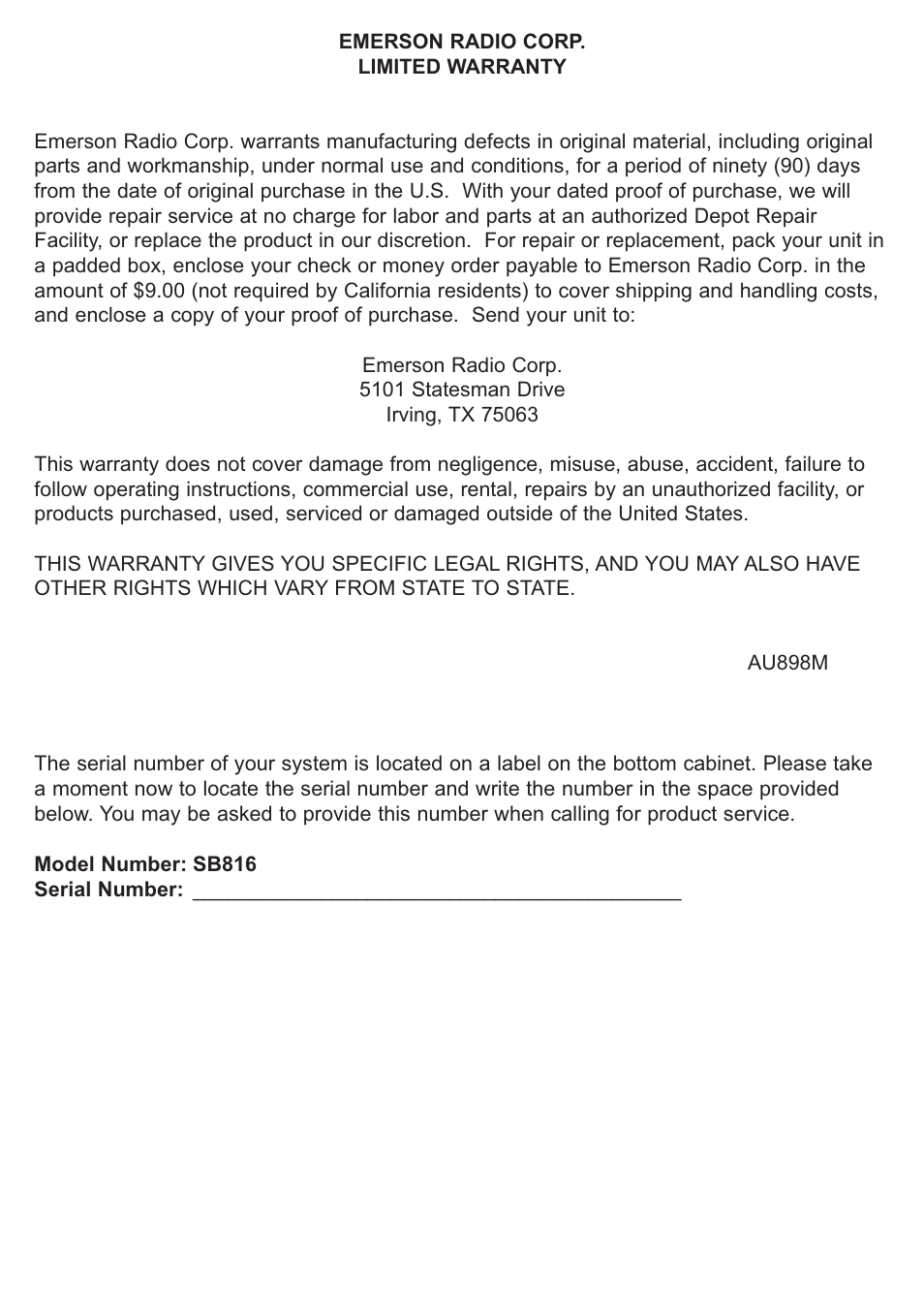 Emerson SB816 User Manual | Page 15 / 16