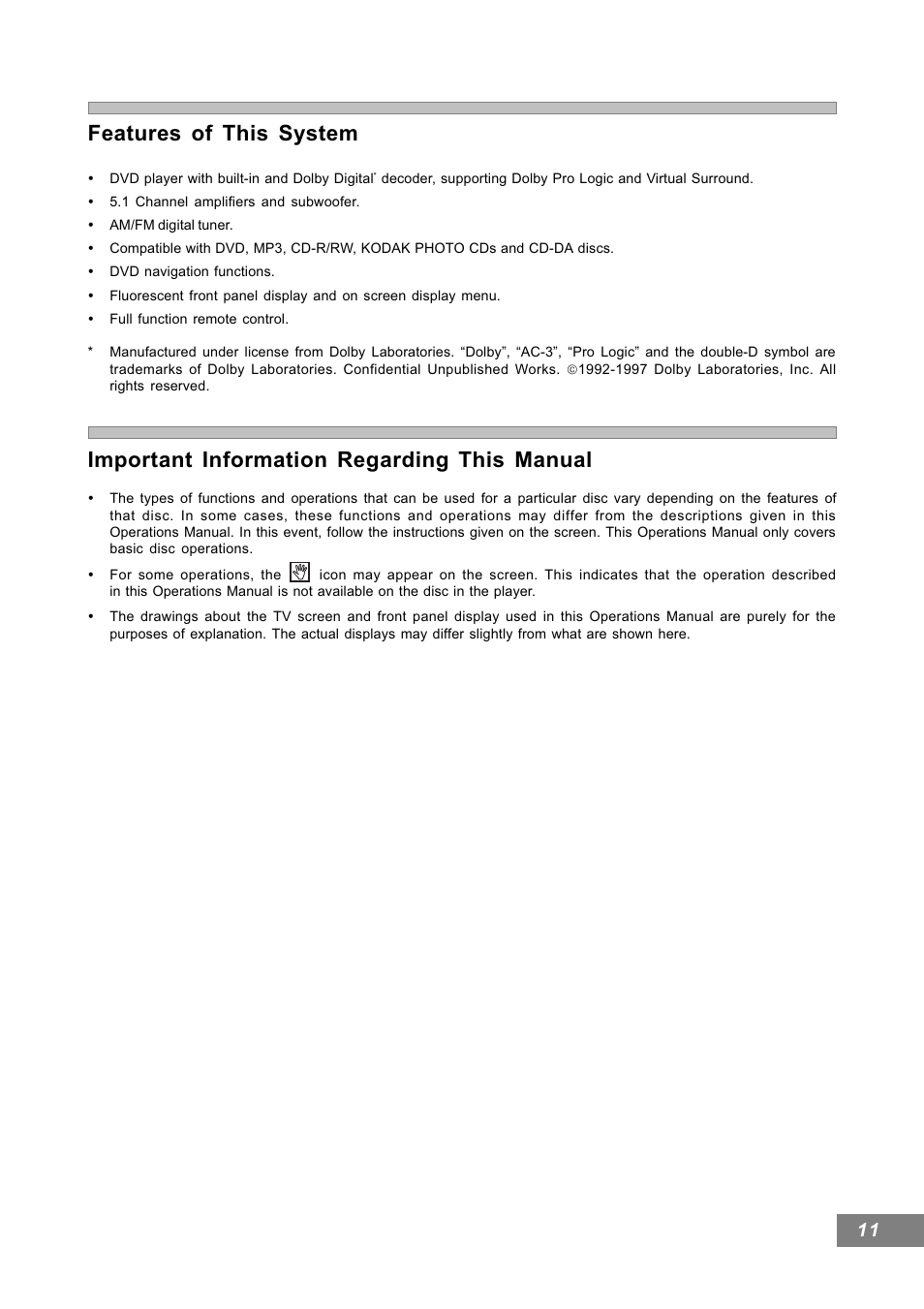 Features of this system, Important information regarding this manual | Emerson Radio AV101 User Manual | Page 12 / 50