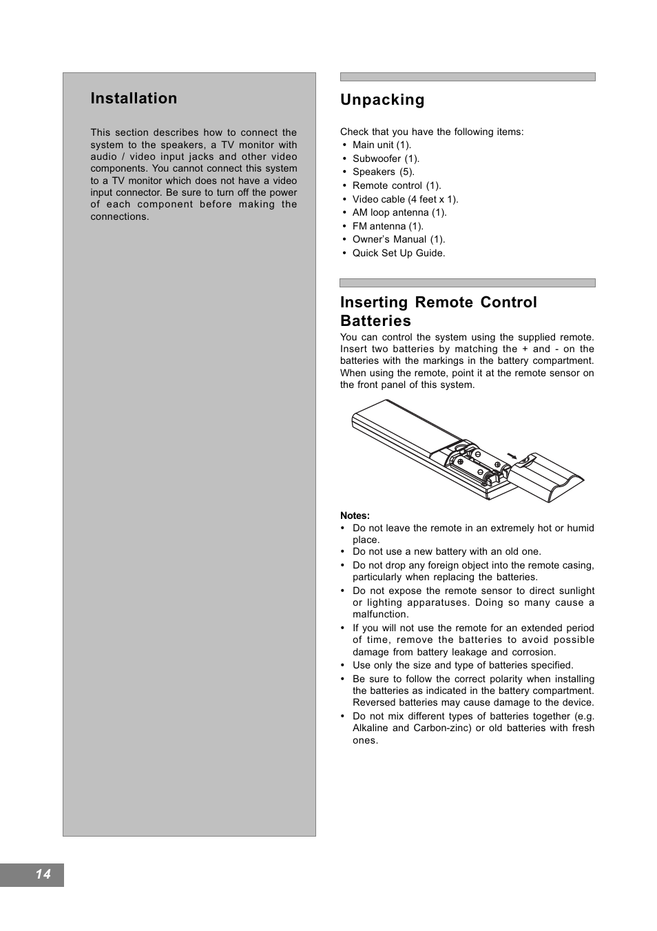 Unpacking, Inserting remote control batteries, Installation | Emerson Radio AV101 User Manual | Page 15 / 50