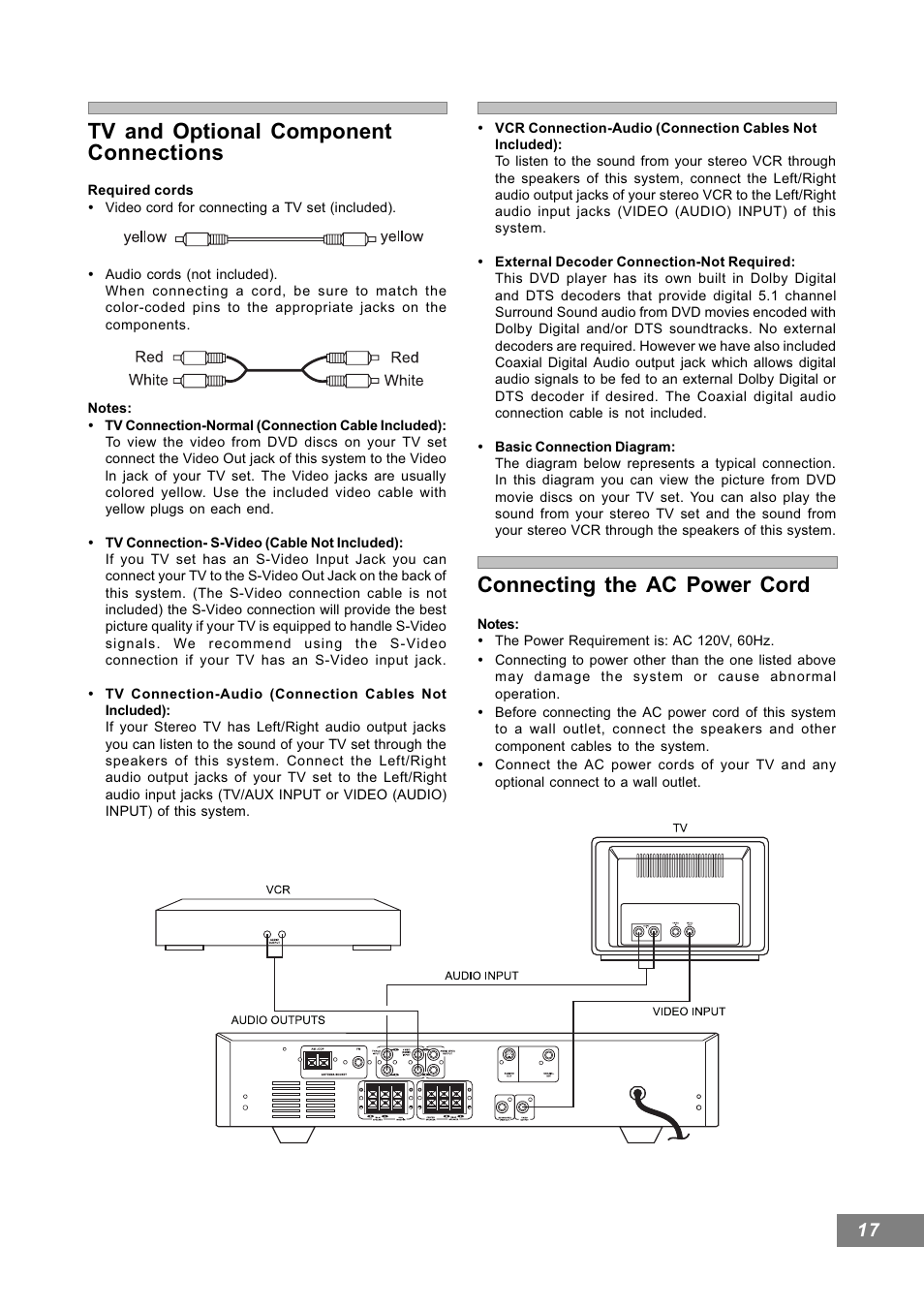 Connecting the ac power cord, Tv and optional component connections | Emerson Radio AV101 User Manual | Page 18 / 50