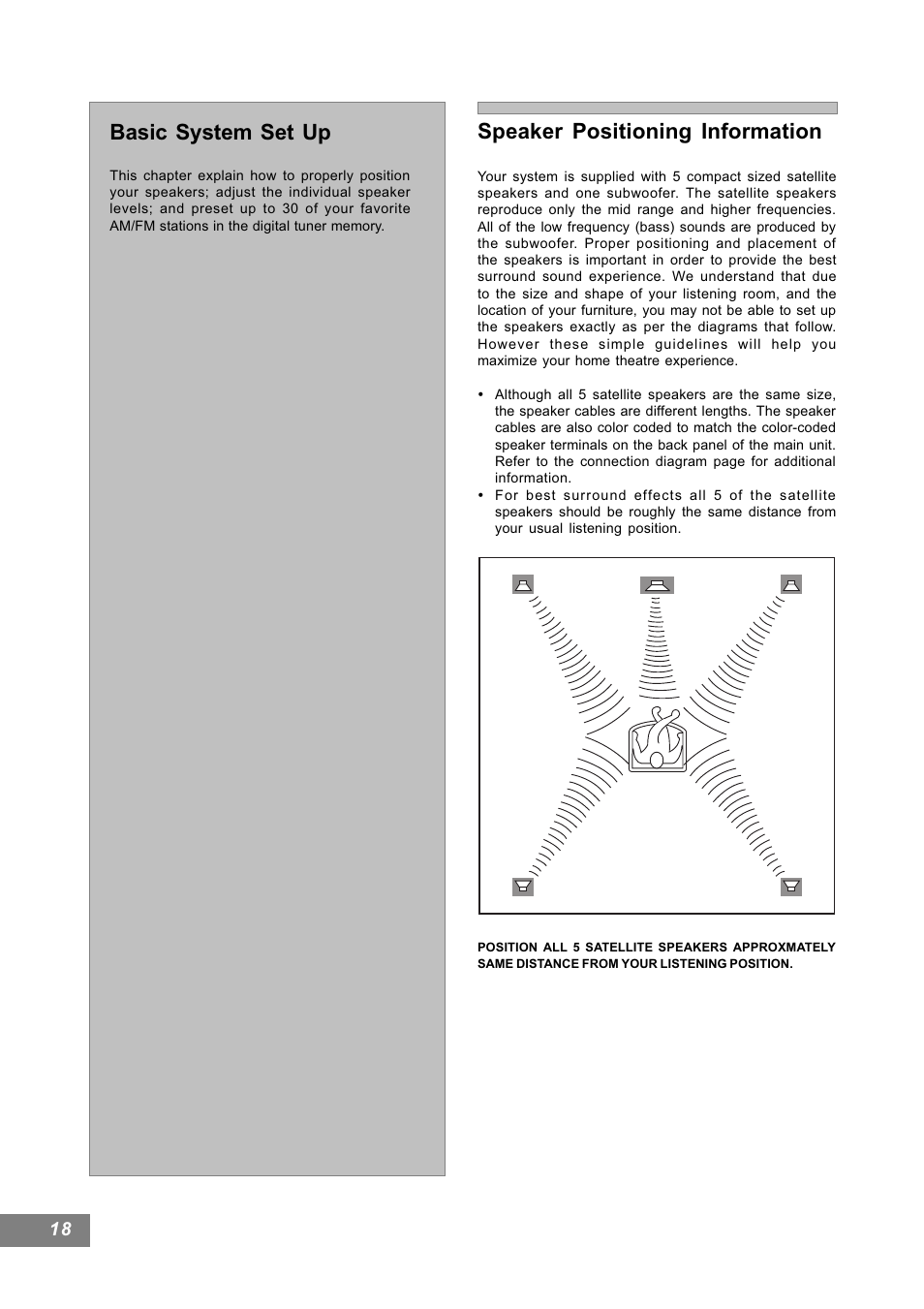 Speaker positioning information, Basic system set up | Emerson Radio AV101 User Manual | Page 19 / 50