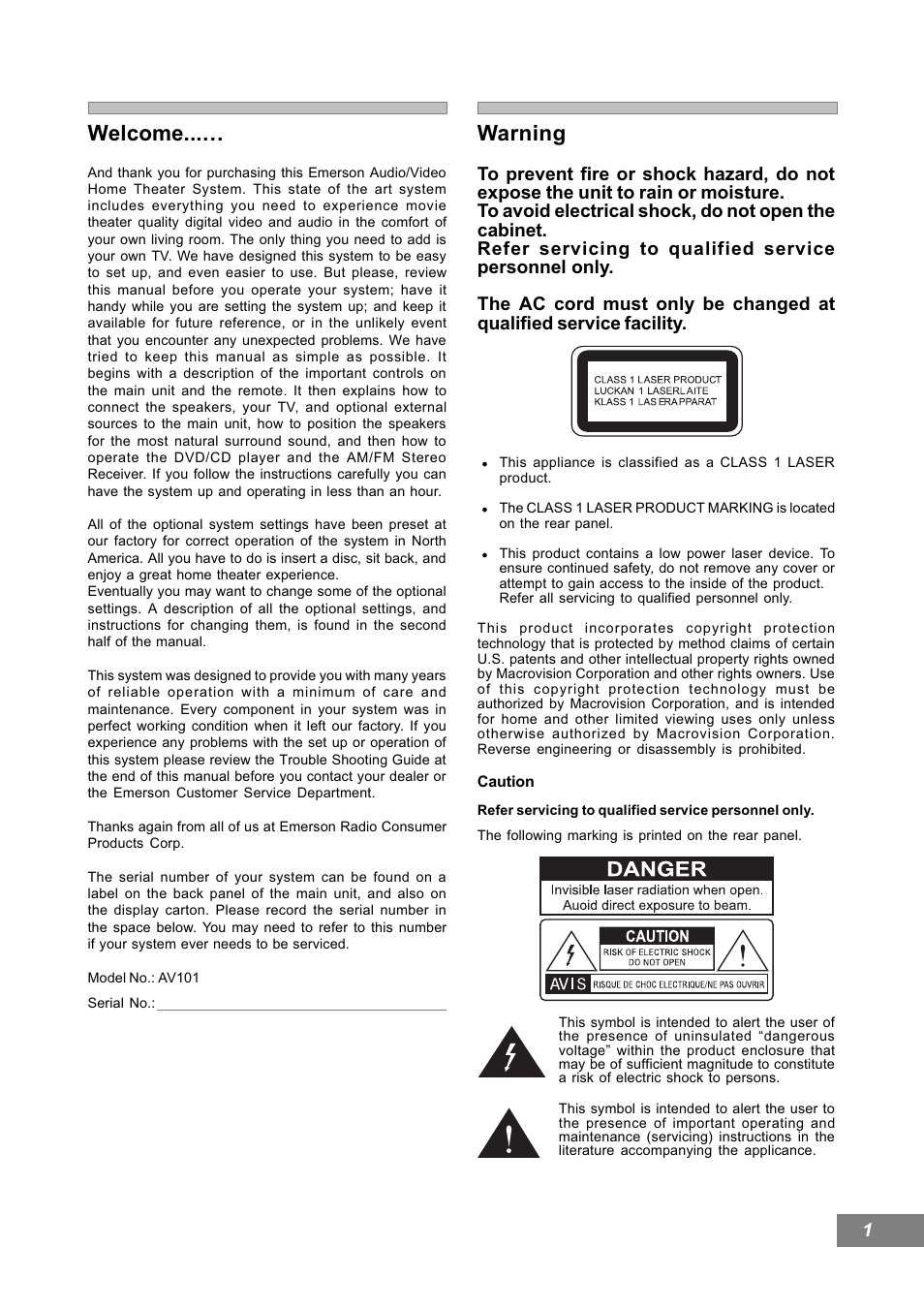 Warning, Welcome | Emerson Radio AV101 User Manual | Page 2 / 50