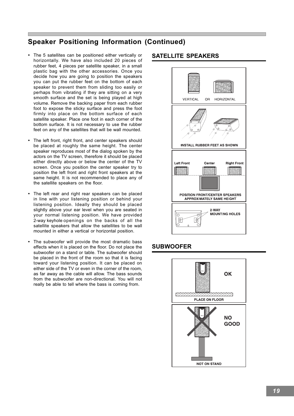 Speaker positioning information (continued), 19 satellite speakers subwoofer | Emerson Radio AV101 User Manual | Page 20 / 50