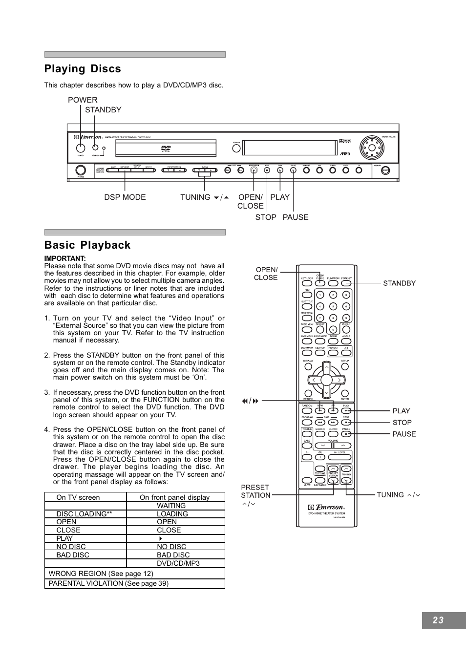 Basic playback, Playing discs | Emerson Radio AV101 User Manual | Page 24 / 50