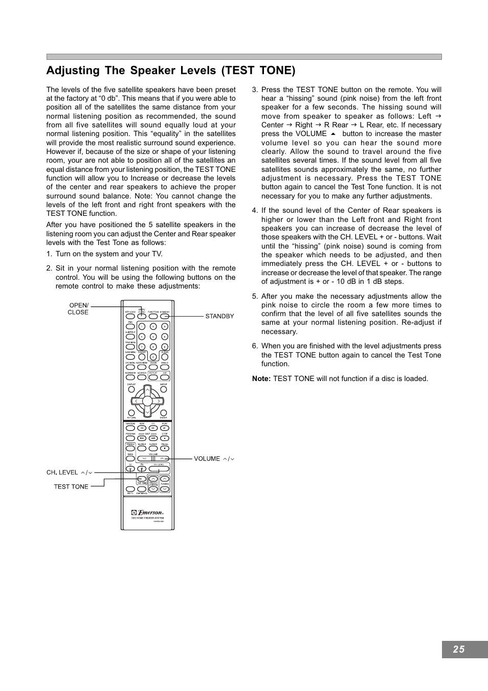 Adjusting the speaker levels (test tone) | Emerson Radio AV101 User Manual | Page 26 / 50