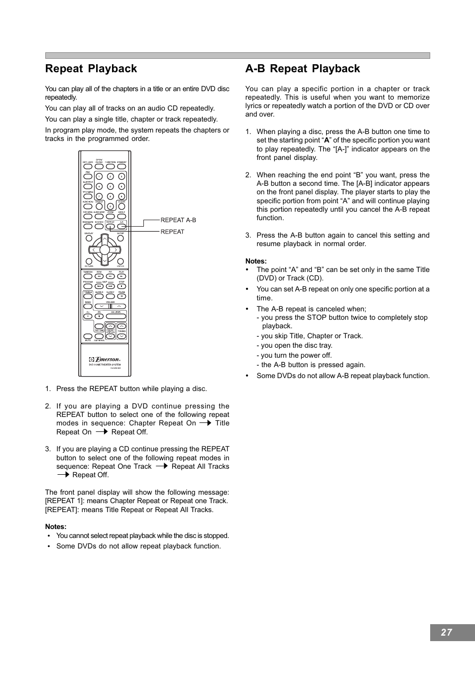 Repeat playback, A-b repeat playback | Emerson Radio AV101 User Manual | Page 28 / 50