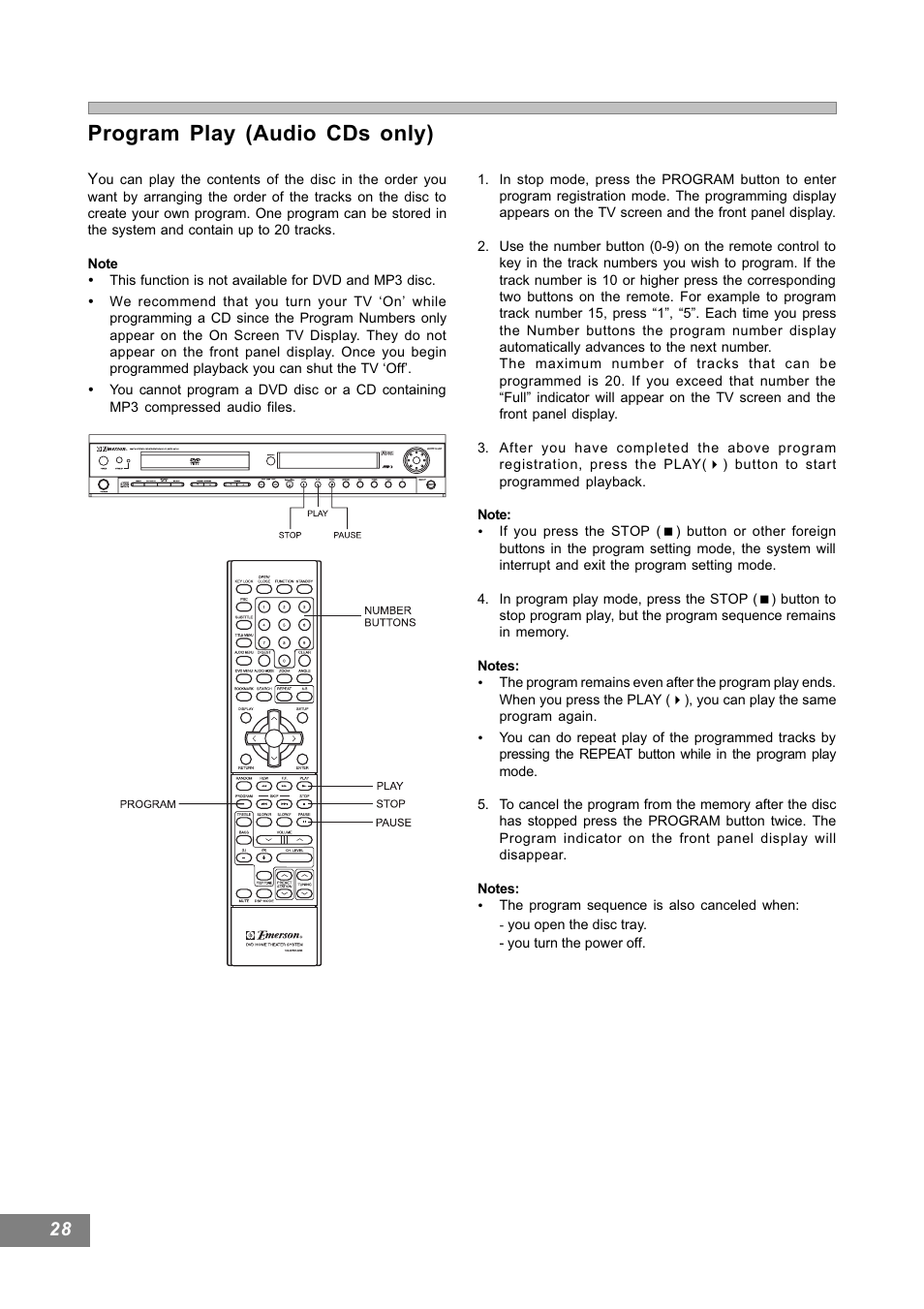 Program play (audio cds only) | Emerson Radio AV101 User Manual | Page 29 / 50