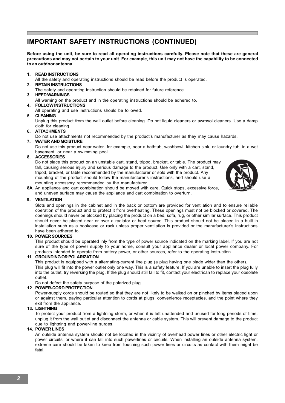 Important safety instructions (continued) | Emerson Radio AV101 User Manual | Page 3 / 50